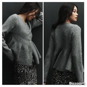 NWT Anthropologie Maeve Flower-Button Peplum Cardigan Sweater Gray Knit